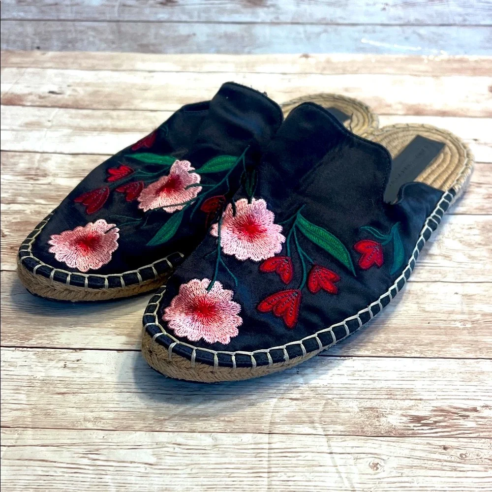 Zara Black Satin Floral Embroidered Espadrilles Size 38